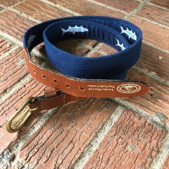 Leather Man Tarpon Fish Blue Ribbon Tan Canvas Belt Brown Leather Tabs Size 36 - Picture 6 of 8